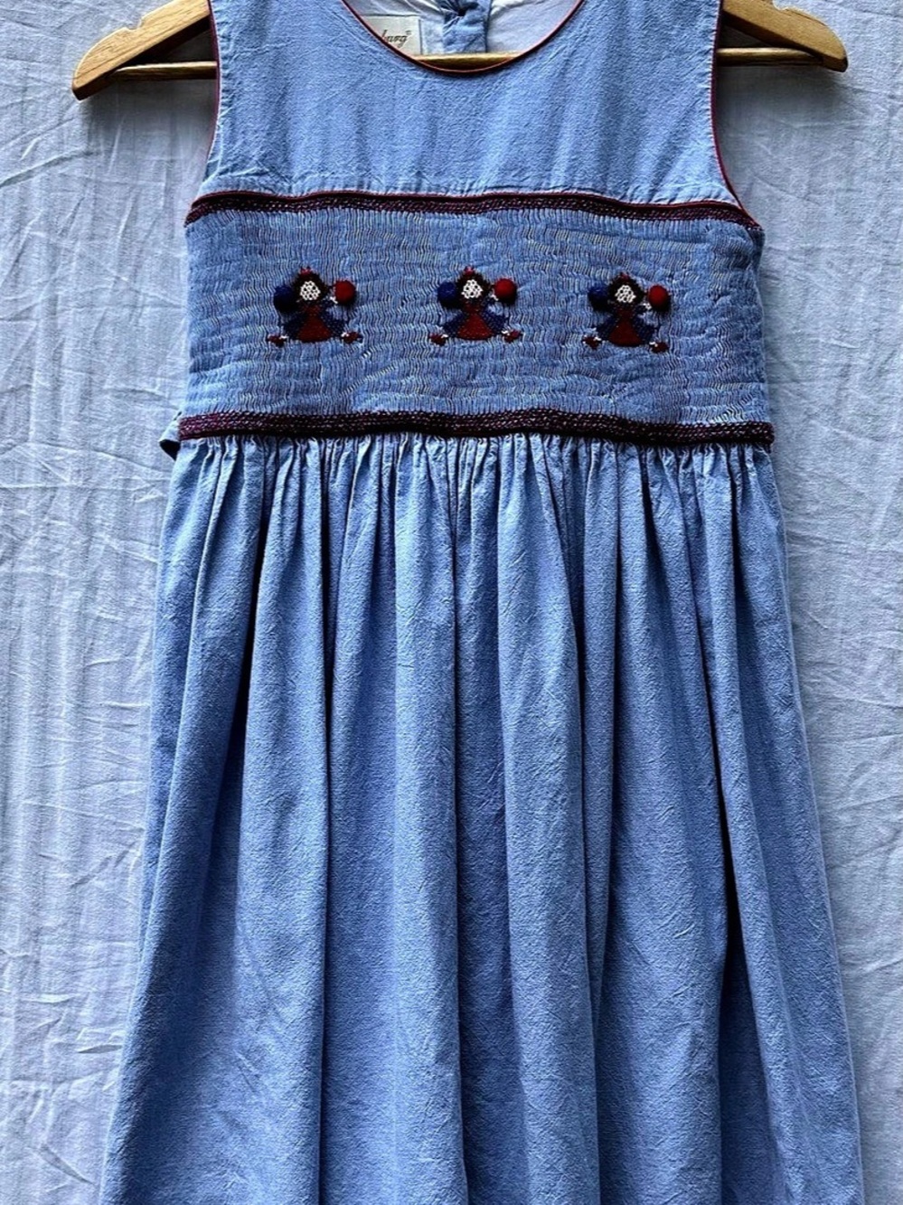 Strasburg Children Heirloom Smocked Cheerleader Chambray Blue Dress 8Y Pom Pom